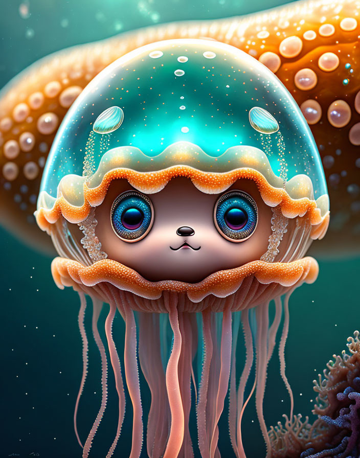 Whimsical jellyfish illustration with expressive blue eyes