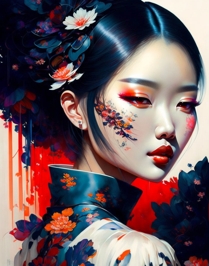 Asian woman with red makeup and floral motifs on vibrant background