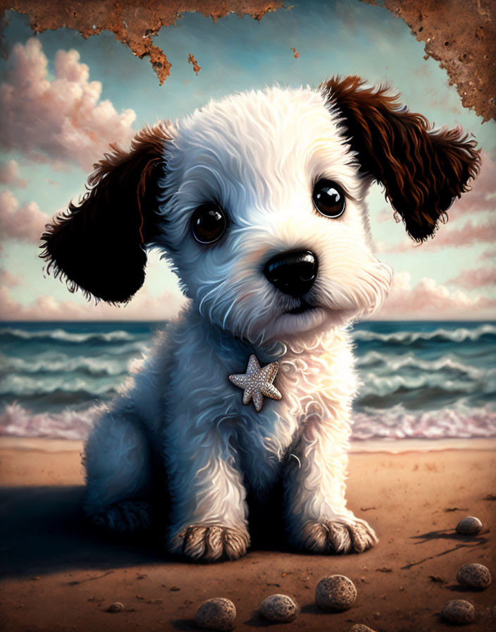 Black and white puppy with starfish pendant on beach