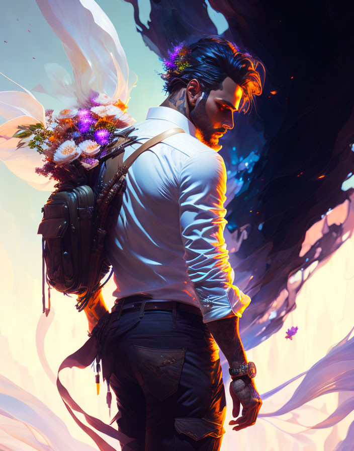 Stylish man with floral backpack in glowing, fantastical environment