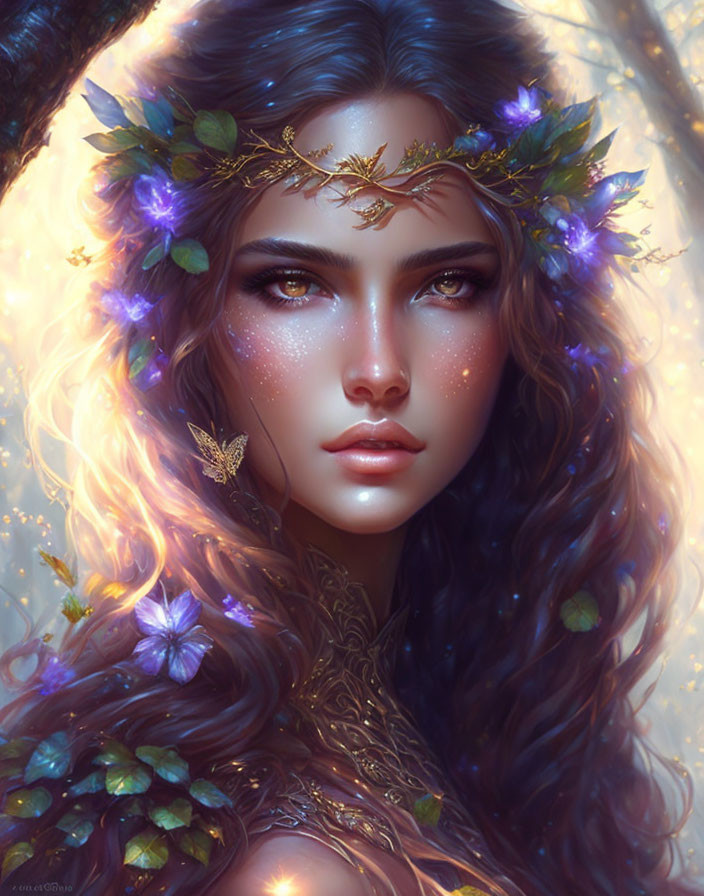 Woman with Wavy Hair and Floral Crown in Mystical Forest