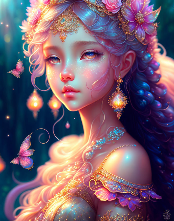 Fantasy illustration of girl with floral ornaments and butterflies in mystical forest