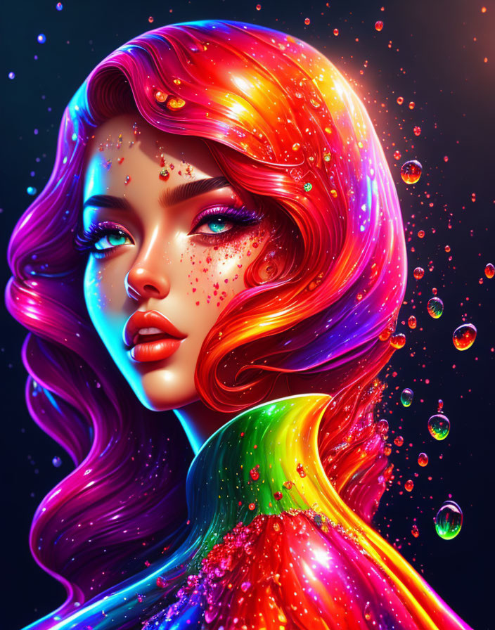 Colorful digital artwork: Woman with flowing hair and bubbles on dark backdrop