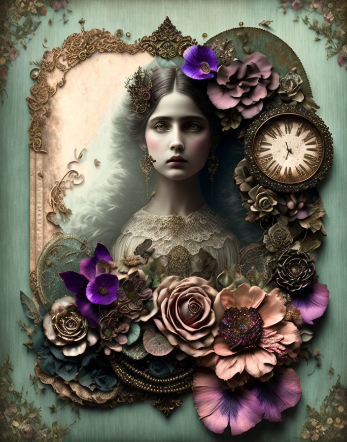 Vintage-inspired Woman Portrait with Floral Elements and Clock on Green Background