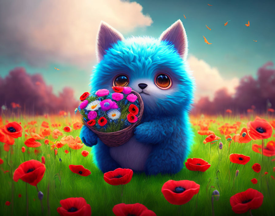 Blue fluffy creature with flowers in poppy field and butterflies