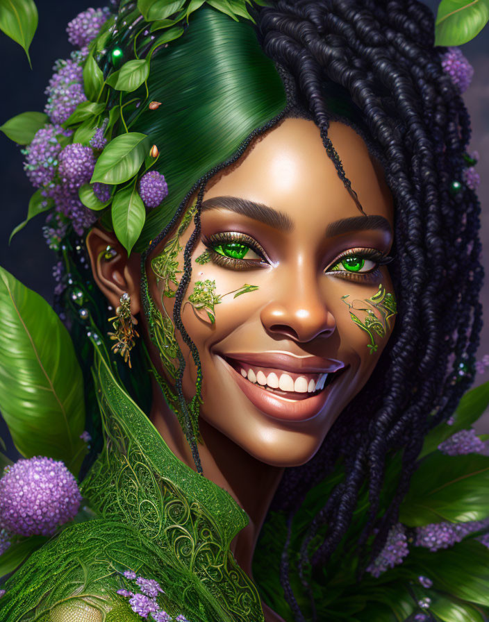 Woman with Green Hair and Floral Makeup in Joyful Pose