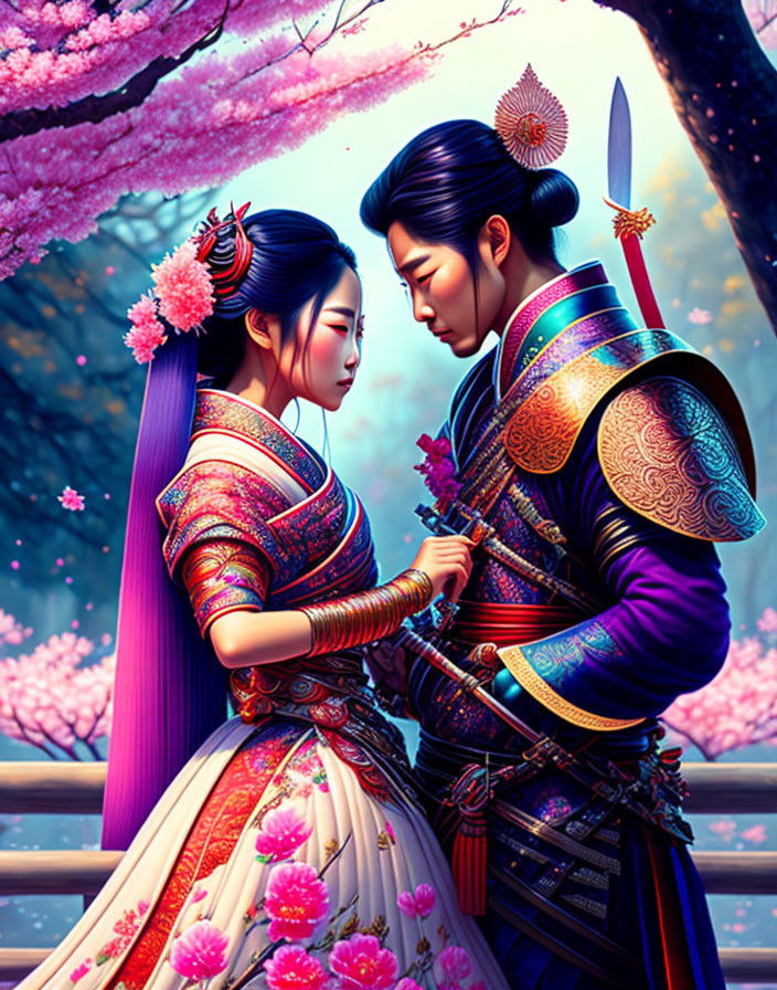 Illustration of couple in Asian attire exchanging flowers under cherry blossoms