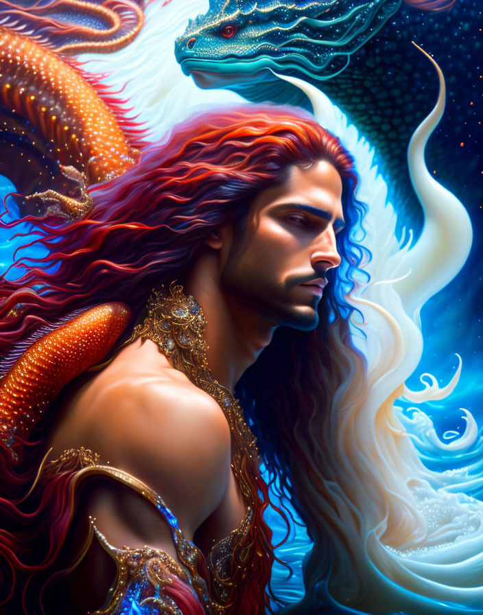 Muscular man with red hair in golden armor surrounded by sea creatures