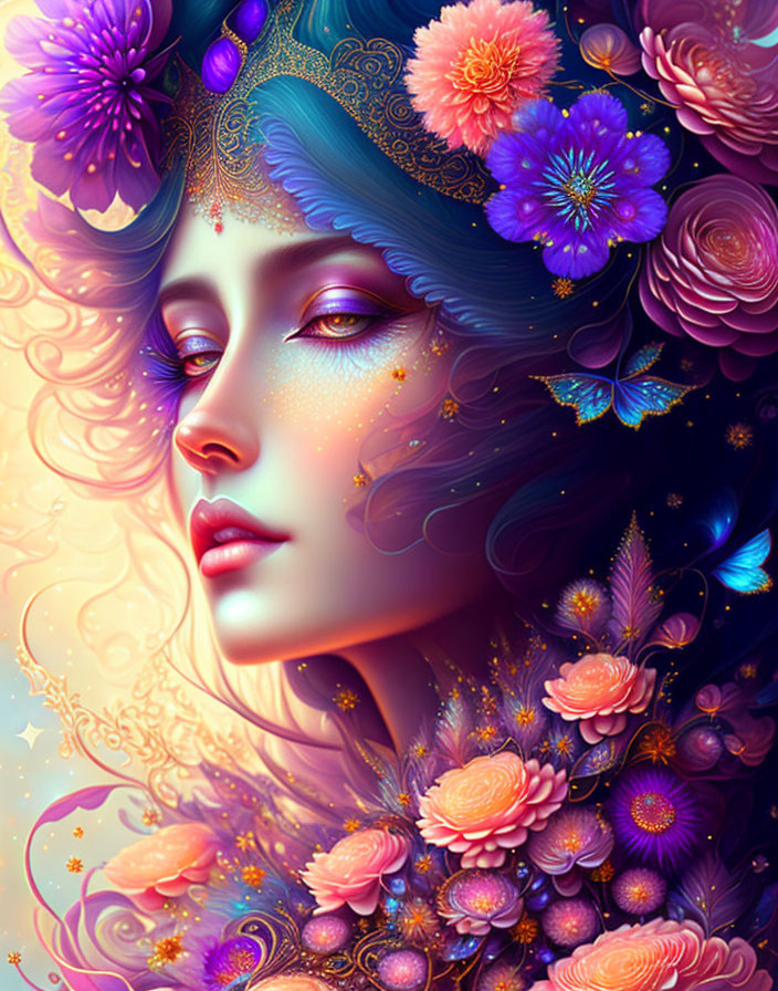 Colorful digital artwork: Woman with blue hair, flowers, butterflies