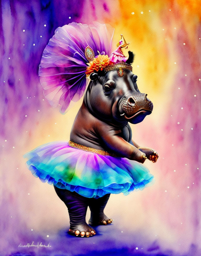 Illustration of a hippopotamus in tutu and tiara dancing with abstract background