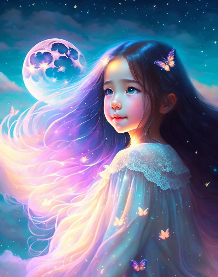 Young girl with purple hair under starry sky and moon with luminous butterflies