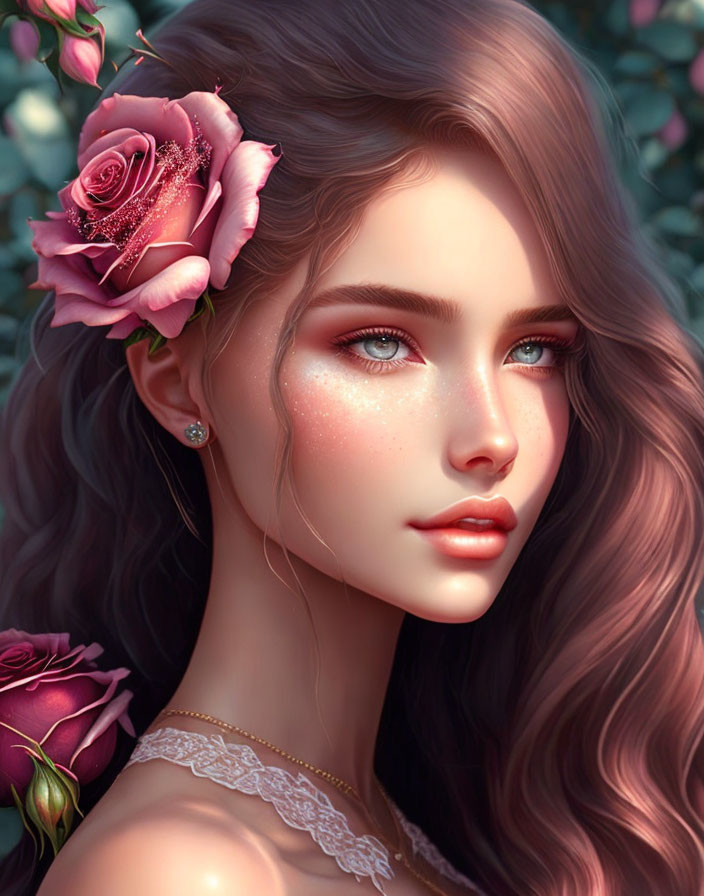 Illustrated portrait of woman with long wavy hair and blue eyes, pink rose in hair, foliage