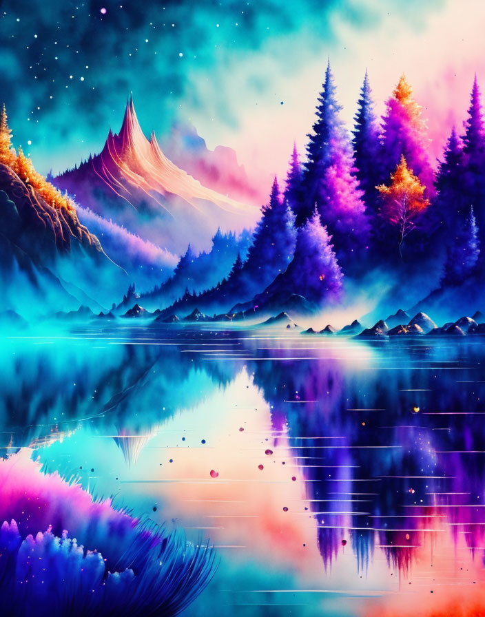 Neon-colored landscape: Mountain, pine trees, tranquil lake