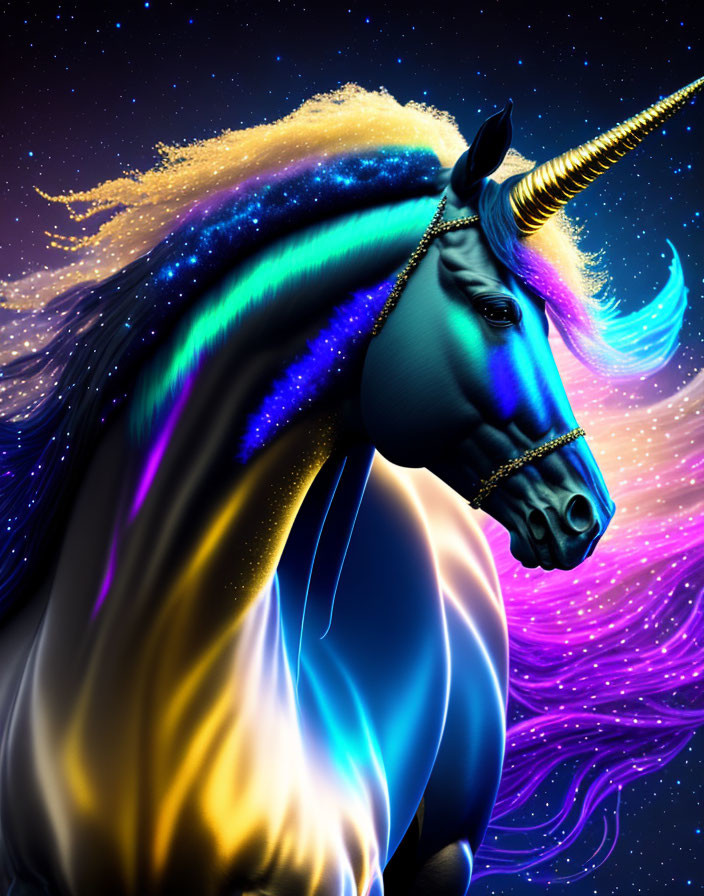 Colorful Unicorn Illustration with Cosmic Mane on Starry Night Background