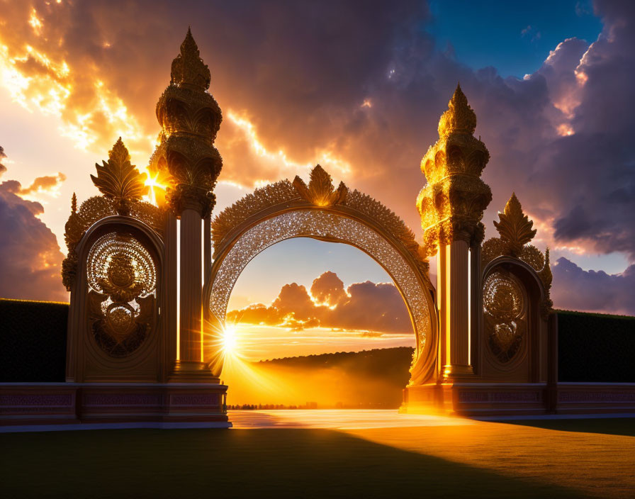 Golden archway with intricate designs under dramatic sunset sky