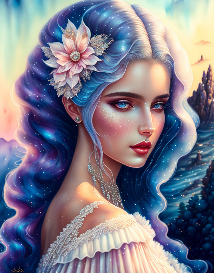 Fantasy illustration: Woman with blue wavy hair and cosmic background