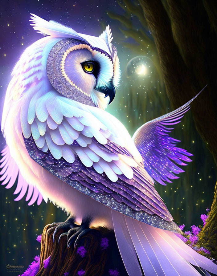 Colorful Digital Artwork: Owl with Luminous Feathers on Branch