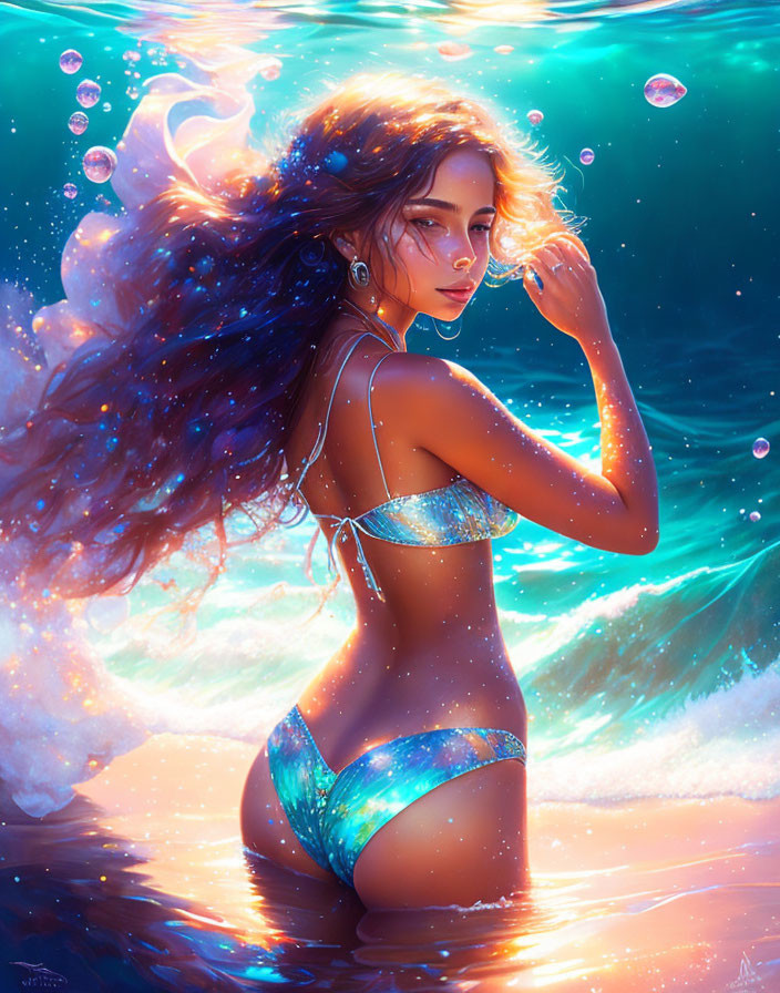 Woman in Sparkling Bikini Amidst Ocean Scene