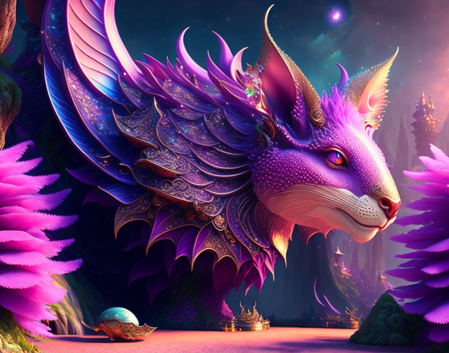 Majestic purple and blue winged mythical creature in enchanted forest