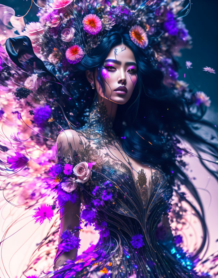 Mystical woman with blue hair, flowers, feathers, and floating petals in dreamy scene