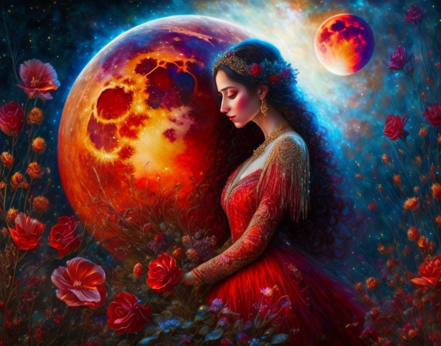 Woman in Red Dress Surrounded by Flowers and Planets