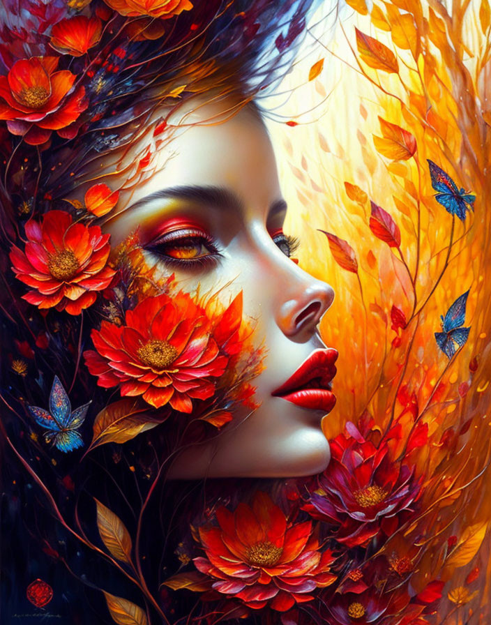 Colorful portrait of a woman with floral and autumn elements and butterfly details