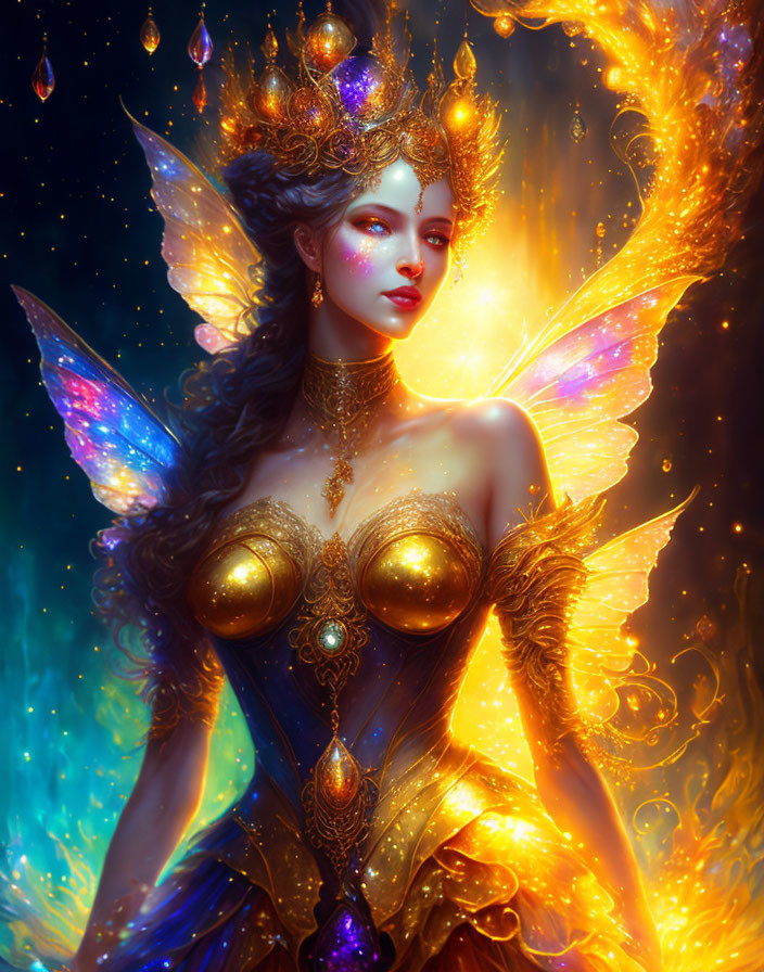 Fairy queen with luminous wings and golden crown on blue and gold backdrop