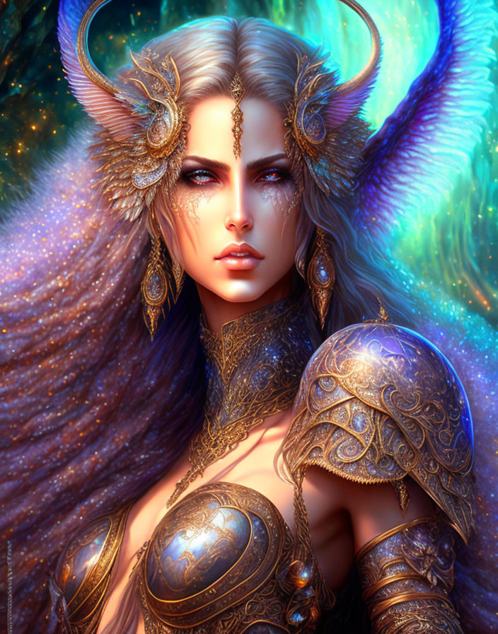 Fantasy Female Warrior in Golden Armor and Horns