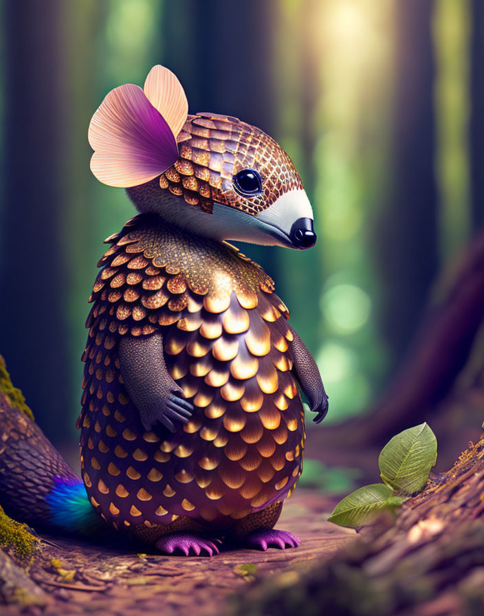 Illustration of cute pangolin in magical forest with flower on head