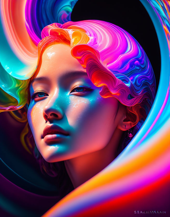 Colorful digital artwork: Woman with neon hair and intricate light effects