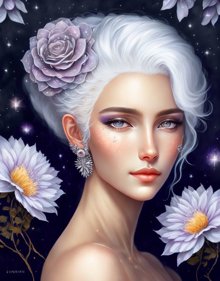 Portrait of woman with white hair and floral adornment surrounded by stars and blooms