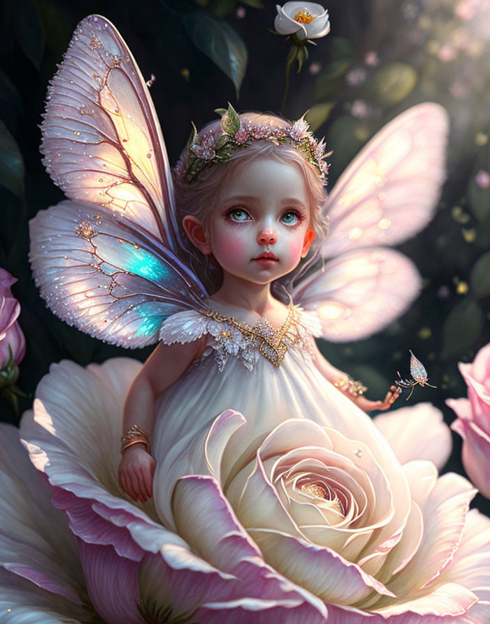 Whimsical fairy child with iridescent wings on blooming rose