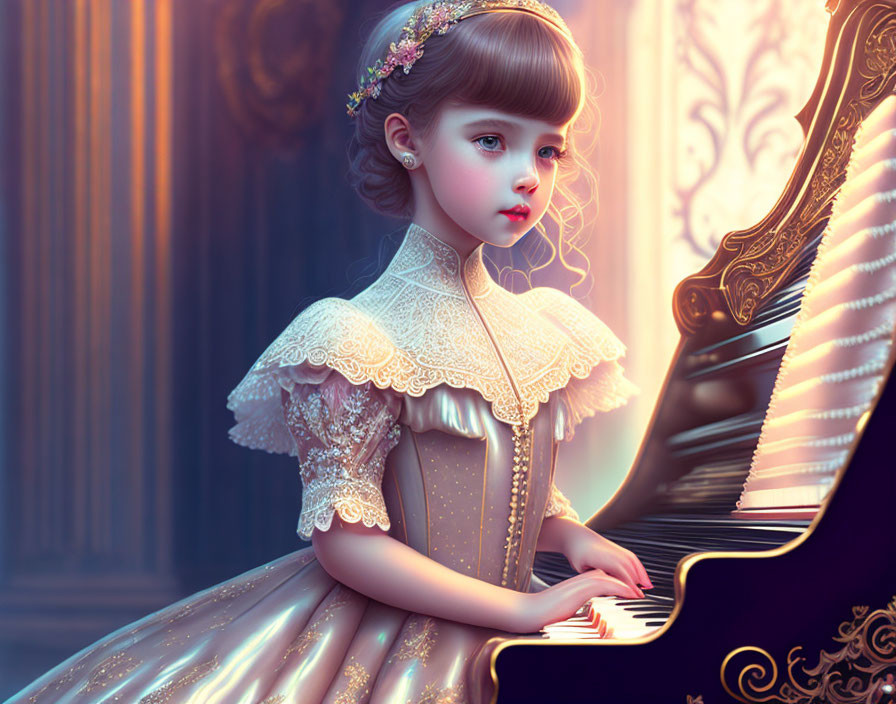 Young girl in vintage dress plays piano in warm golden light