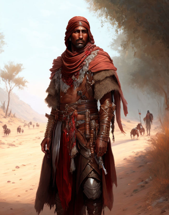 Stoic warrior in desert attire with sword and travelers passing by