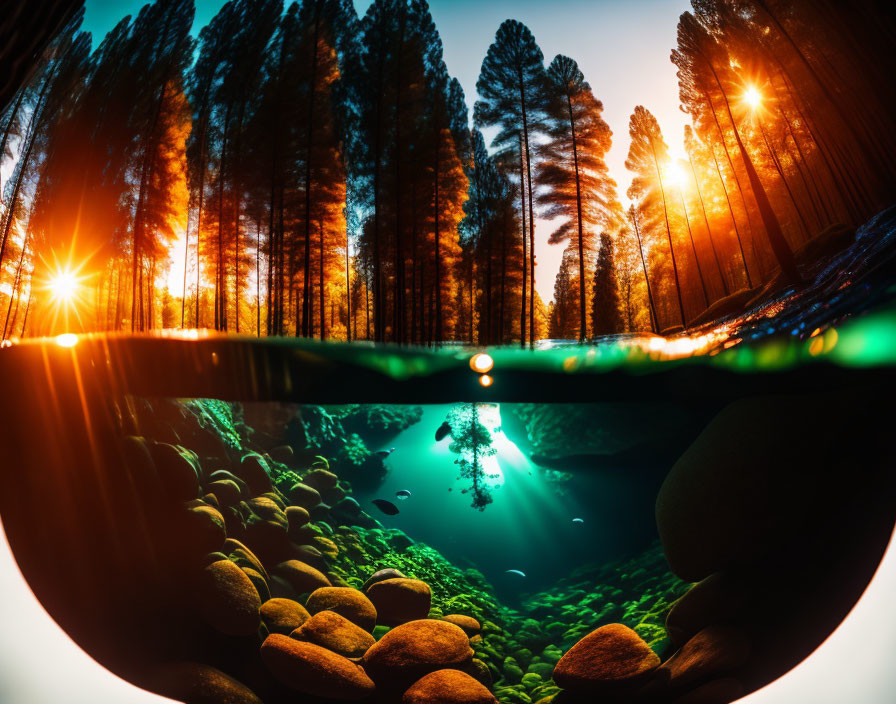 Split View: Sunset Forest & Underwater Rocks