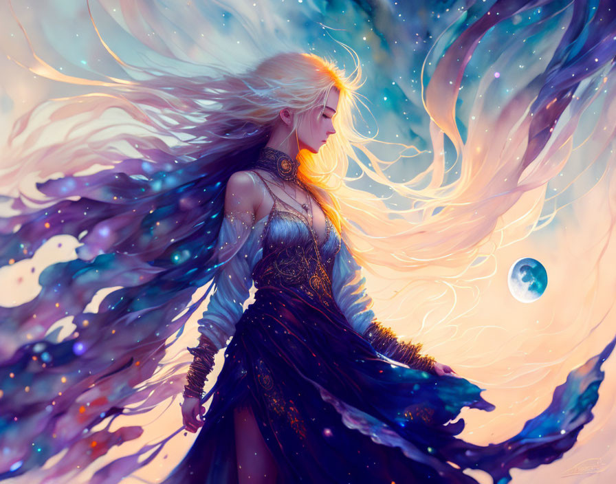 Fantasy illustration of woman with flowing hair and cosmic swirls.