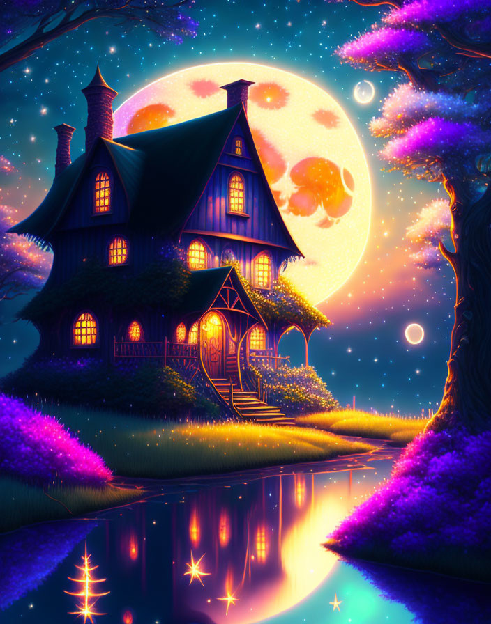 Cozy cottage under starry sky with full moon and purple trees.