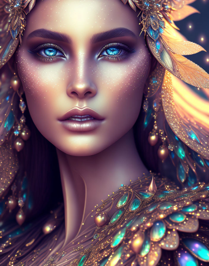 Surreal portrait of woman with blue eyes and golden feather-like embellishments