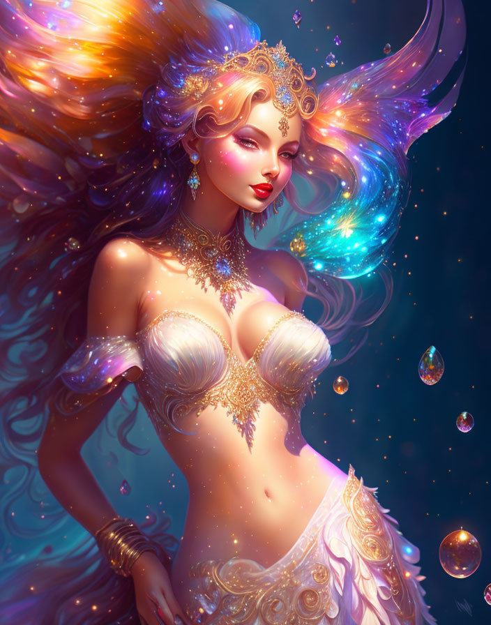 Whimsical female figure with golden hair and jewelry on cosmic blue backdrop