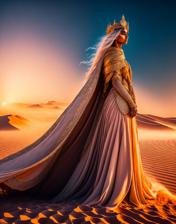 Regal woman in golden gown and crown on desert dune at sunset