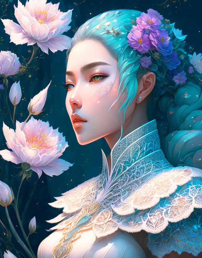 Illustrated portrait of woman with turquoise hair and purple flowers, surrounded by blooming lotuses on dark