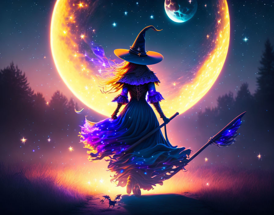 Illustration: Witch with broom in mystical forest under crescent moon