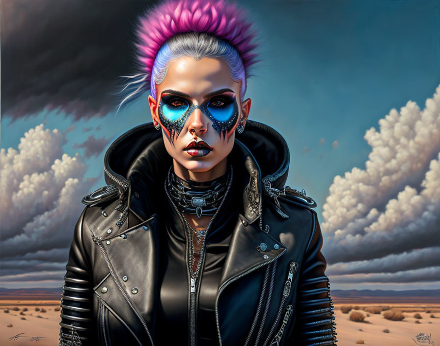 Vivid pink mohawk and skull makeup in desert landscape