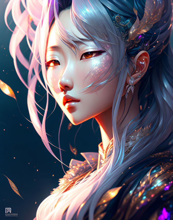 Ethereal woman with glowing eyes and silver accessories among floating petals