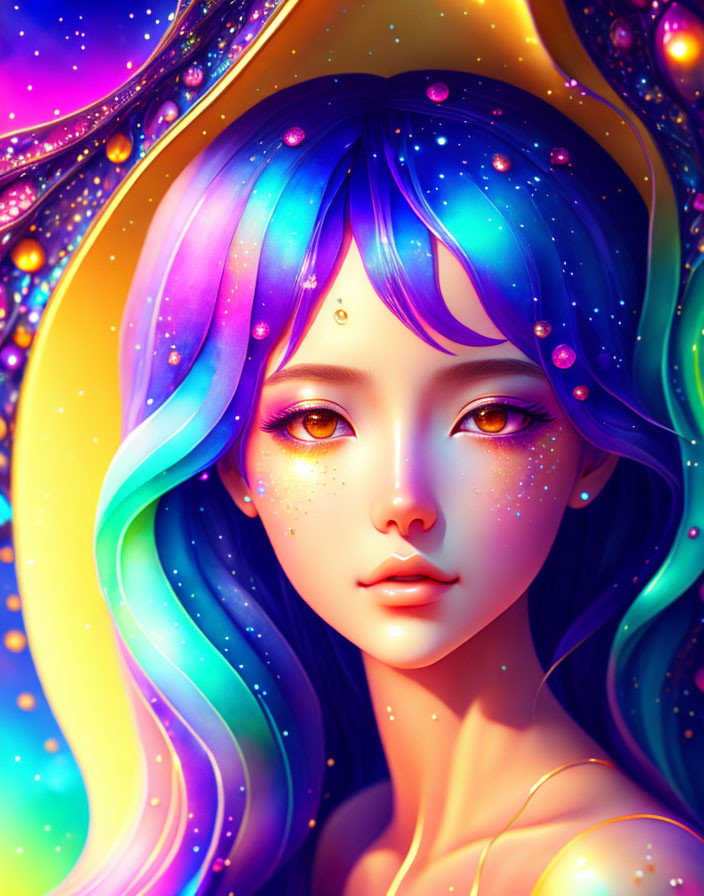 Colorful digital artwork: Woman with purple to blue hair, stars, cosmic theme, golden background