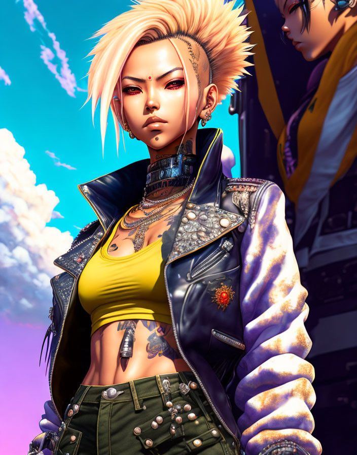 Spiked blonde hair, piercings, tattoos: punk character in leather jacket on sky backdrop