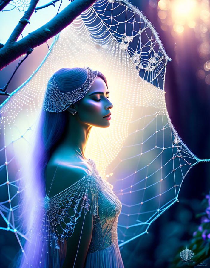 Mystical woman in ethereal forest with spider web