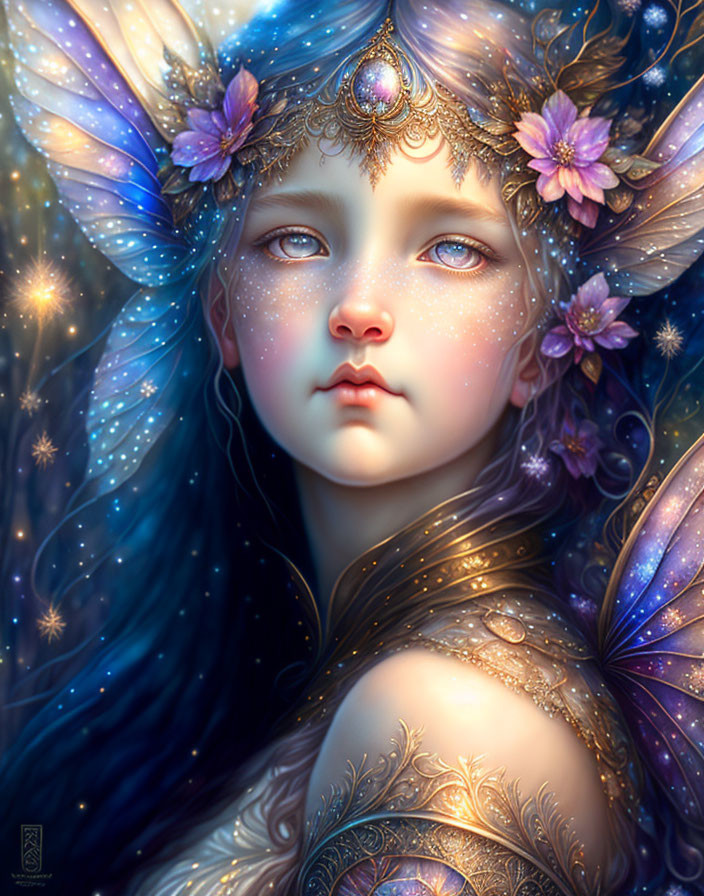 Young female with blue eyes and dark hair adorned with glowing flowers and jewels