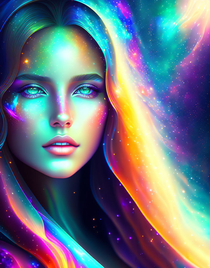 Digital artwork: Woman with blue eyes, cosmic colors in hair, blending into starry background.