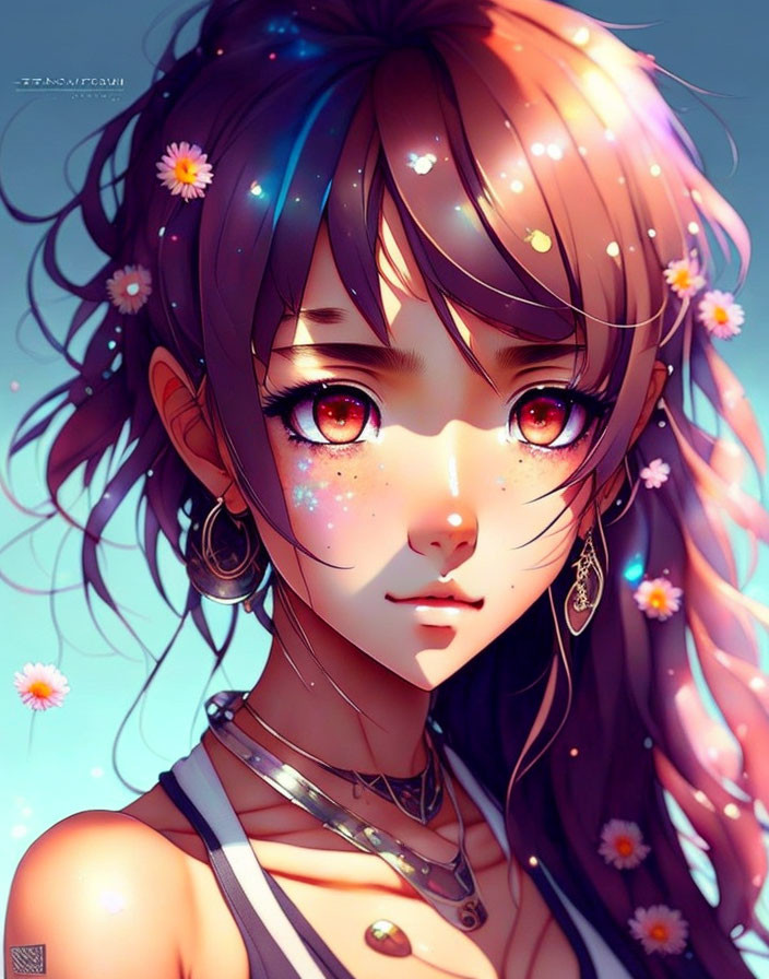 Colorful illustration: Girl with red eyes, cosmic hair, flowers, and jewelry